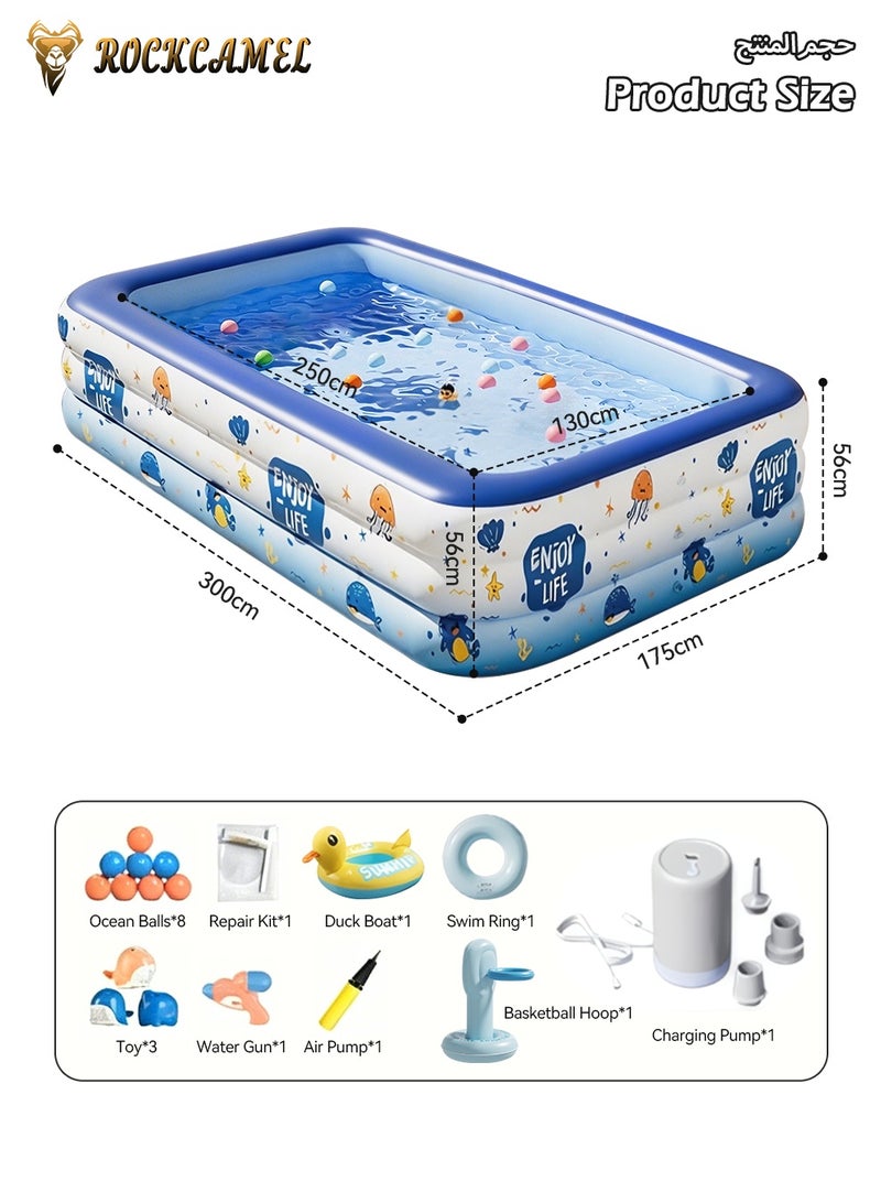 ROCKCAMEL مسبح نفخ كبير الحجم مقاس 300×175×56 سم، مزود بمضخة هواء كهربائية وجهاز رمي السلة، مسبح أطفال سميك الجدران، لعبة مائية ترفيهية للهواء الطلق، مناسب للفناء الخلفي والحدائق الخارجية، يتسع لـ 1 إلى 8 أشخاص - Image 3
