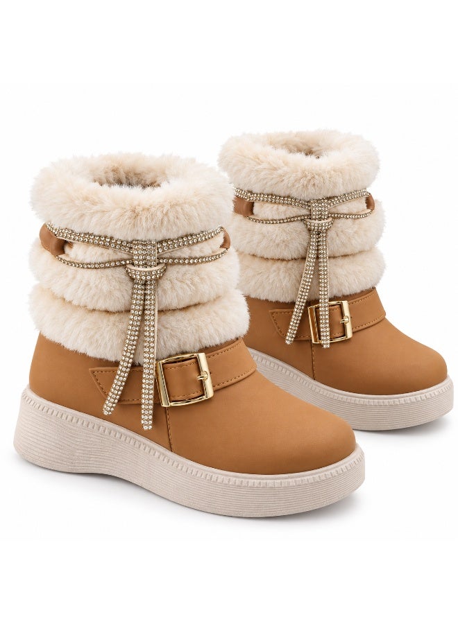Girls' Winter Ankle Boots with Soft Faux Fur Lining, Rhinestone & Buckle Detail