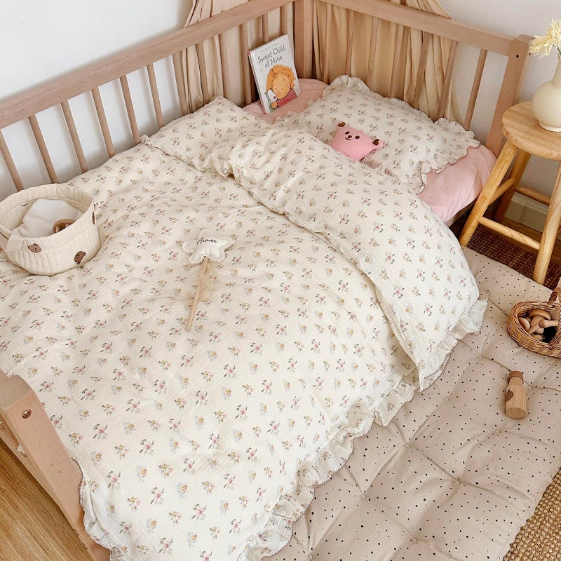 AOJIM Kids Muslin Duvet Cover with Azalea Pattern Pure Cotton Floral Print Toddler Bedding Comforter Cover 1 Piece 47X59 Ruffled Edges Crib Duvet Cover 2Layer Muslin for Boys Girls No Comforter