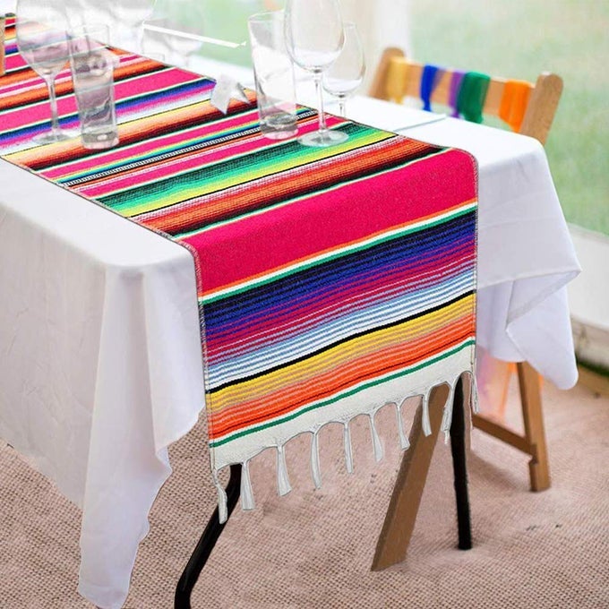 MEXICAN TABLE RUNNER 14 X 84 INCH MEXICAN SERAPE TABLE RUNNER FOR MEXICAN PARTY WEDDING DECORATIONS FRINGE COTTON TABLE RUNNER