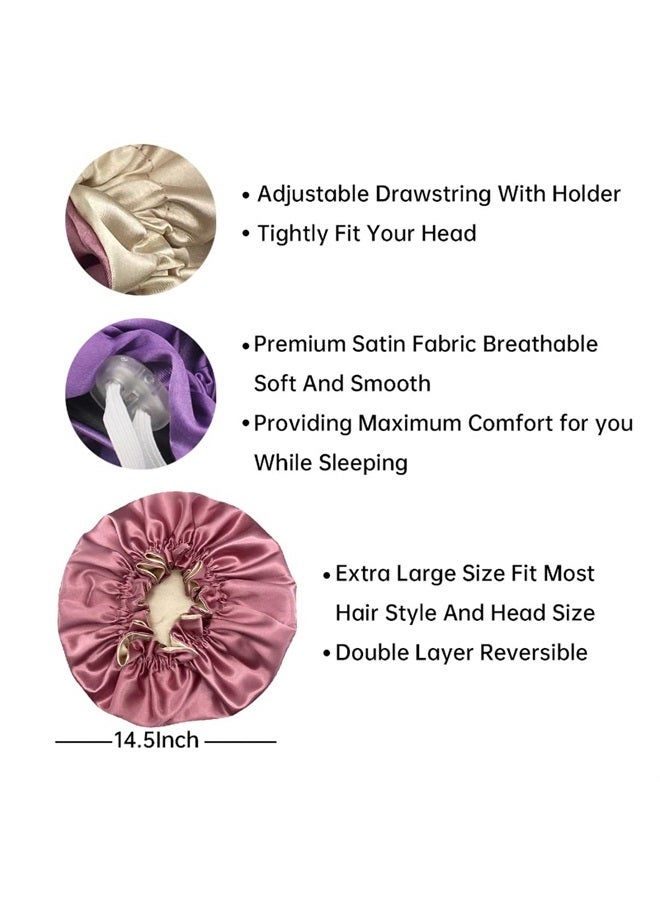 Hanbertti Satin Sleep Cap, Adjustable Satin Cap, Silk Bonnet, Reusable Bath Hair Cap for Night Sleeping Reversible Double Layer 2 Pack (Deep Purple + Blush) - Image 2