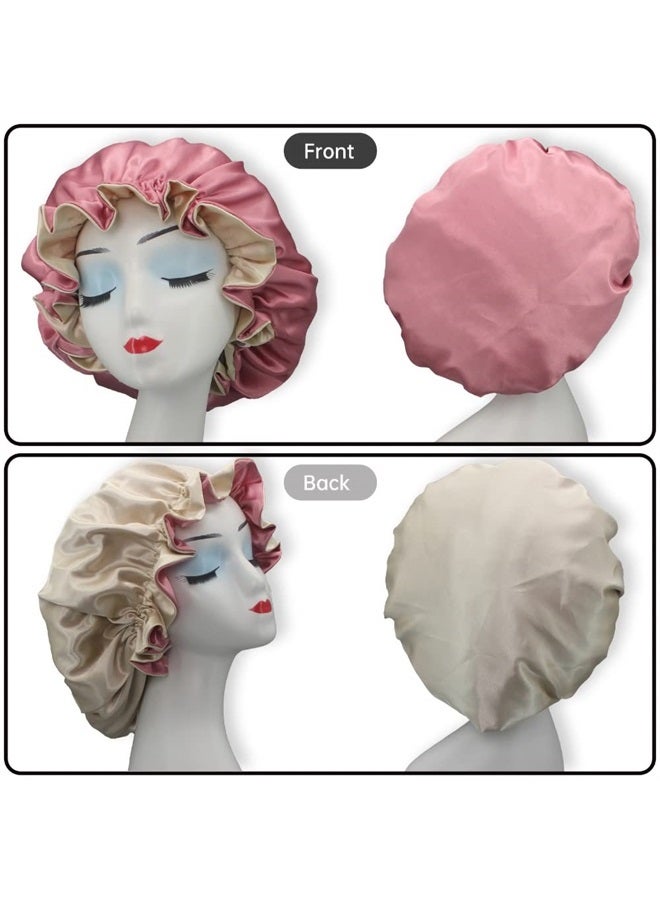 Hanbertti Satin Sleep Cap, Adjustable Satin Cap, Silk Bonnet, Reusable Bath Hair Cap for Night Sleeping Reversible Double Layer 2 Pack (Deep Purple + Blush) - Image 1