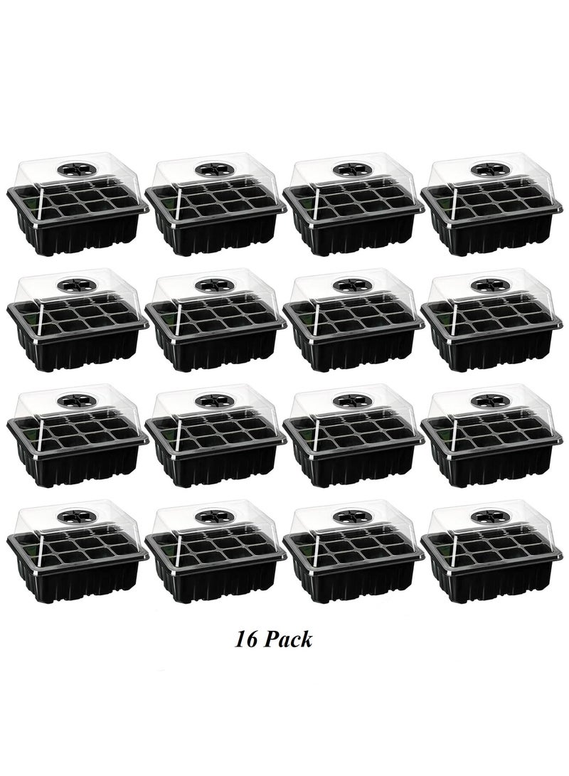 16 Pack Seed Trays, 192 Cells Total Tray, Plastic Seedling Starter Tray Kit with Dome, Humidity Adjustable Seed Growing Trays, Plant Germination Trays Greenhouse Trays with Black Base - Image 1