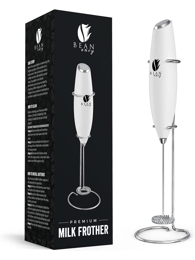 Bean Envy Milk Frother, Coffee Stirrers, Frother Wand, Milk Frother Handheld, Frother with stand, Hand Blender for Coffee, Lattes, Cappuccino, Matcha and Hot Chocolate – Kitchen Gifts - White - Image 1