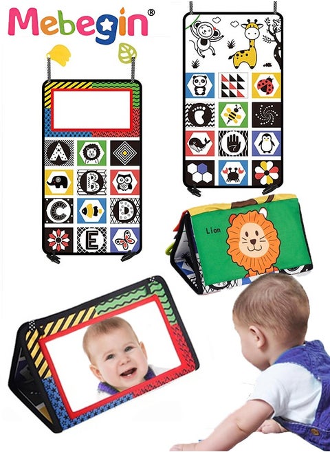 Foldable Cloth Book with Mirror, Tummy Time Mirror Toys for Babies, High Contrast Baby Sensory Toys with Crinkle Cloth Book & Teethers, Montessori Toys, Creative Portable Baby Development Toy, Excellent Tool for Early Learning Education and Enlightenment