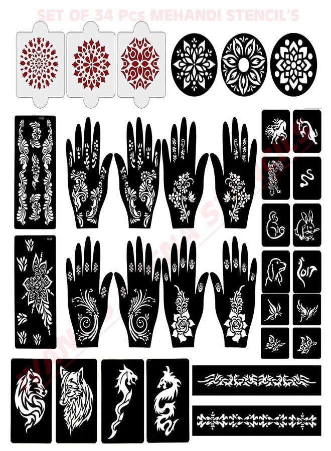 إيفاناز مجموعة إيفانا المكونة من 34 قطعة من قوالب الحناء القابلة لإعادة الاستخدام لليدين والمعصم والجسم والظهر والرقبة والوجه، عبوة كومبو من القوالب للنساء والفتيات والأطفال، سهلة الاستخدام في 4 خطوات فقط، مجموعة تصميم هندي، A2051 - Image 1