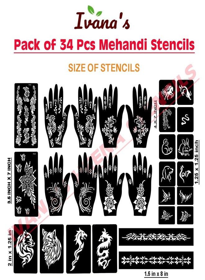إيفاناز مجموعة إيفانا المكونة من 34 قطعة من قوالب الحناء القابلة لإعادة الاستخدام لليدين والمعصم والجسم والظهر والرقبة والوجه، عبوة كومبو من القوالب للنساء والفتيات والأطفال، سهلة الاستخدام في 4 خطوات فقط، مجموعة تصميم هندي، A2051 - Image 4