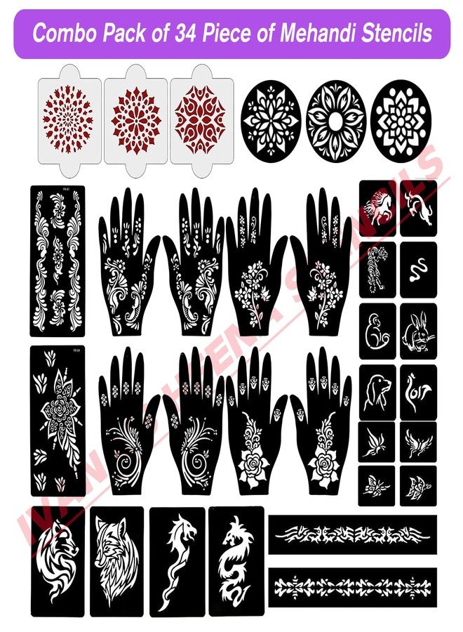 إيفاناز مجموعة إيفانا المكونة من 34 قطعة من قوالب الحناء القابلة لإعادة الاستخدام لليدين والمعصم والجسم والظهر والرقبة والوجه، عبوة كومبو من القوالب للنساء والفتيات والأطفال، سهلة الاستخدام في 4 خطوات فقط، مجموعة تصميم هندي، A2051 - Image 2
