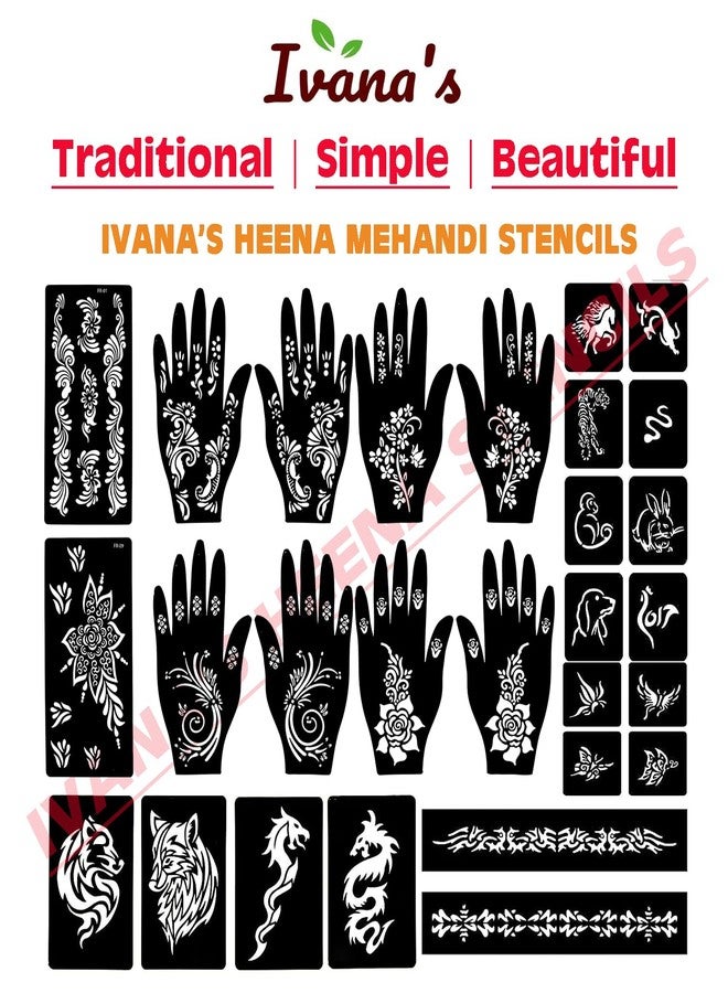 إيفاناز مجموعة إيفانا المكونة من 34 قطعة من قوالب الحناء القابلة لإعادة الاستخدام لليدين والمعصم والجسم والظهر والرقبة والوجه، عبوة كومبو من القوالب للنساء والفتيات والأطفال، سهلة الاستخدام في 4 خطوات فقط، مجموعة تصميم هندي، A2051 - Image 5