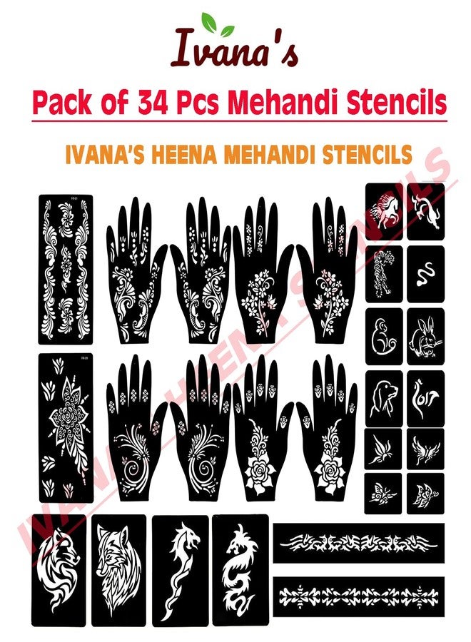 إيفاناز مجموعة إيفانا المكونة من 34 قطعة من قوالب الحناء القابلة لإعادة الاستخدام لليدين والمعصم والجسم والظهر والرقبة والوجه، عبوة كومبو من القوالب للنساء والفتيات والأطفال، سهلة الاستخدام في 4 خطوات فقط، مجموعة تصميم هندي، A2051 - Image 3