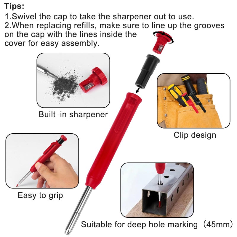 MECHEER 2 Pack Carpenter Pencils Mechanical Pencils with 12 Refills, Construction Pencils with Built-in Sharpener, Long Nib Deep Hole Pencil Marker, Heavy Duty Woodworking Pencil for Architect (2 Colors) - Image 4