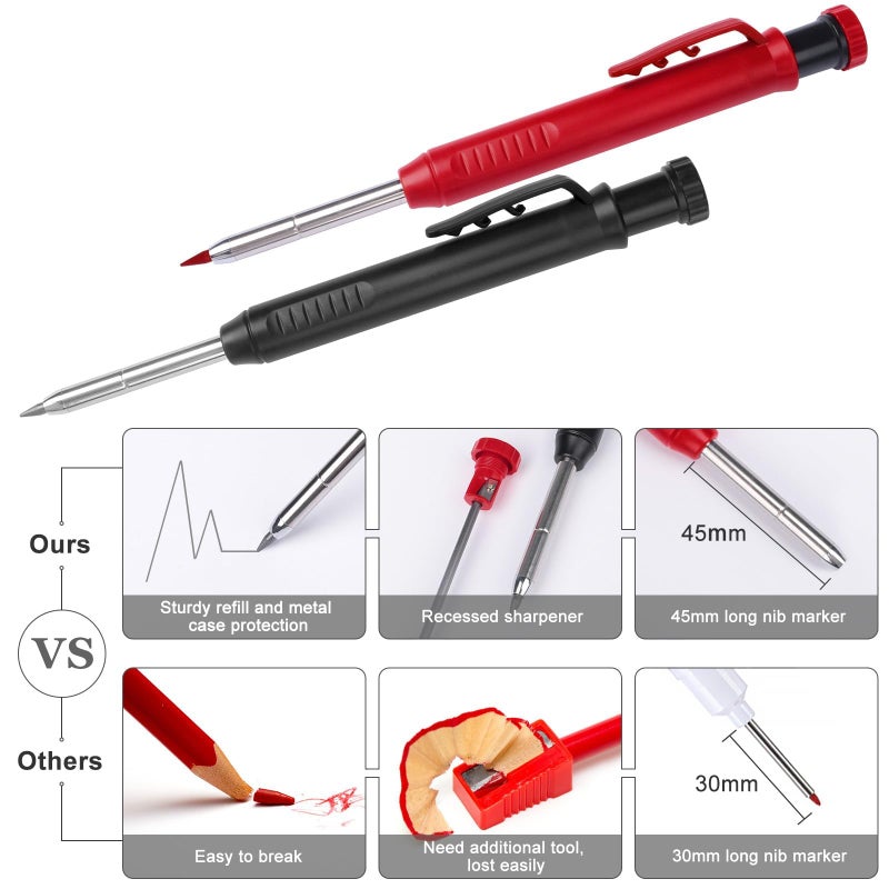 MECHEER 2 Pack Carpenter Pencils Mechanical Pencils with 12 Refills, Construction Pencils with Built-in Sharpener, Long Nib Deep Hole Pencil Marker, Heavy Duty Woodworking Pencil for Architect (2 Colors) - Image 5