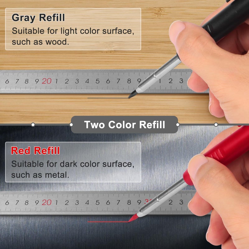 MECHEER 2 Pack Carpenter Pencils Mechanical Pencils with 12 Refills, Construction Pencils with Built-in Sharpener, Long Nib Deep Hole Pencil Marker, Heavy Duty Woodworking Pencil for Architect (2 Colors) - Image 3