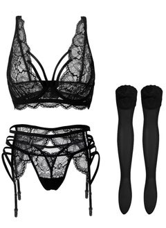 ovitio Black Lace-Trimmed Lingerie Set - Four Pieces  - Image 1