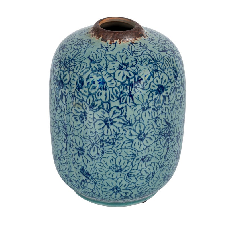 Creative CoOp Decorative Round TerraCotta Vase with Floral Pattern with Distressed Finish Blue