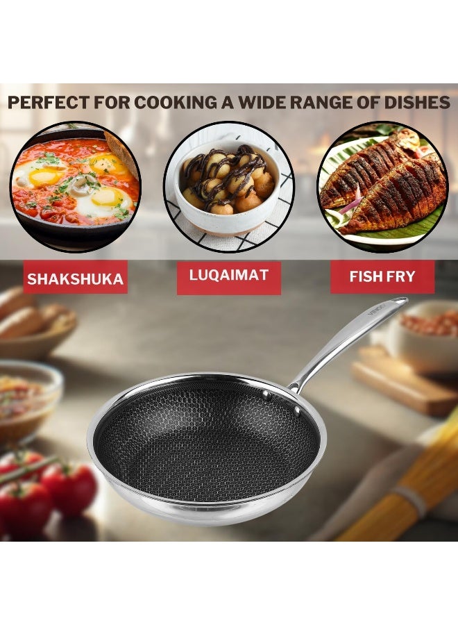 VINOD مقلاة فينود بلاتينيوم ثلاثية الطبقات من الفولاذ المقاوم للصدأ 20 سم | تصميم بنمط خلية النحل من الداخل، مقاومة للخدش، آمنة للطعام وخالية من PFOA - (مناسبة للطهي بالحث) - Image 4