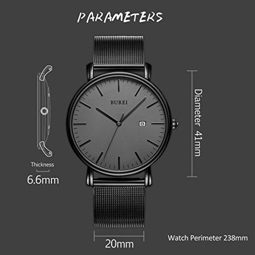 BUREI Men's Fashion Minimalist Wrist Watch All Black Waterproof Watches Simple Ultra Thin Watches Analog Quartz Date with Stainless Steel Mesh Band - Image 2