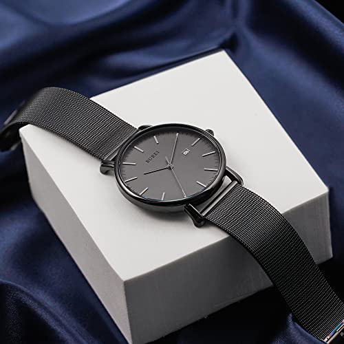 BUREI Men's Fashion Minimalist Wrist Watch All Black Waterproof Watches Simple Ultra Thin Watches Analog Quartz Date with Stainless Steel Mesh Band - Image 4