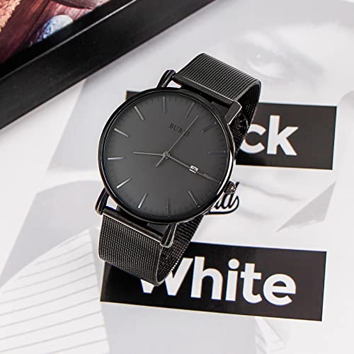 BUREI Men's Fashion Minimalist Wrist Watch All Black Waterproof Watches Simple Ultra Thin Watches Analog Quartz Date with Stainless Steel Mesh Band - Image 3