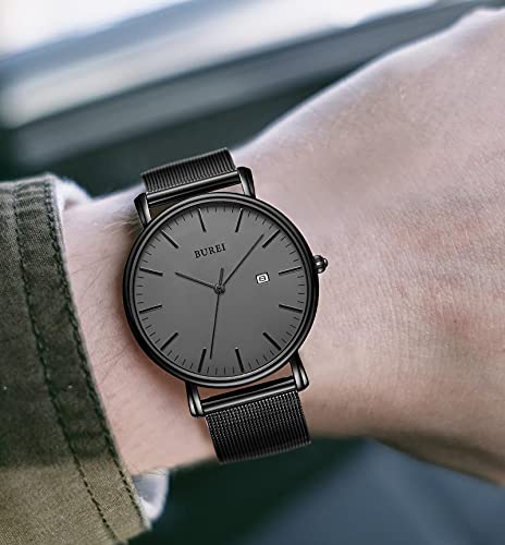 BUREI Men's Fashion Minimalist Wrist Watch All Black Waterproof Watches Simple Ultra Thin Watches Analog Quartz Date with Stainless Steel Mesh Band - Image 5