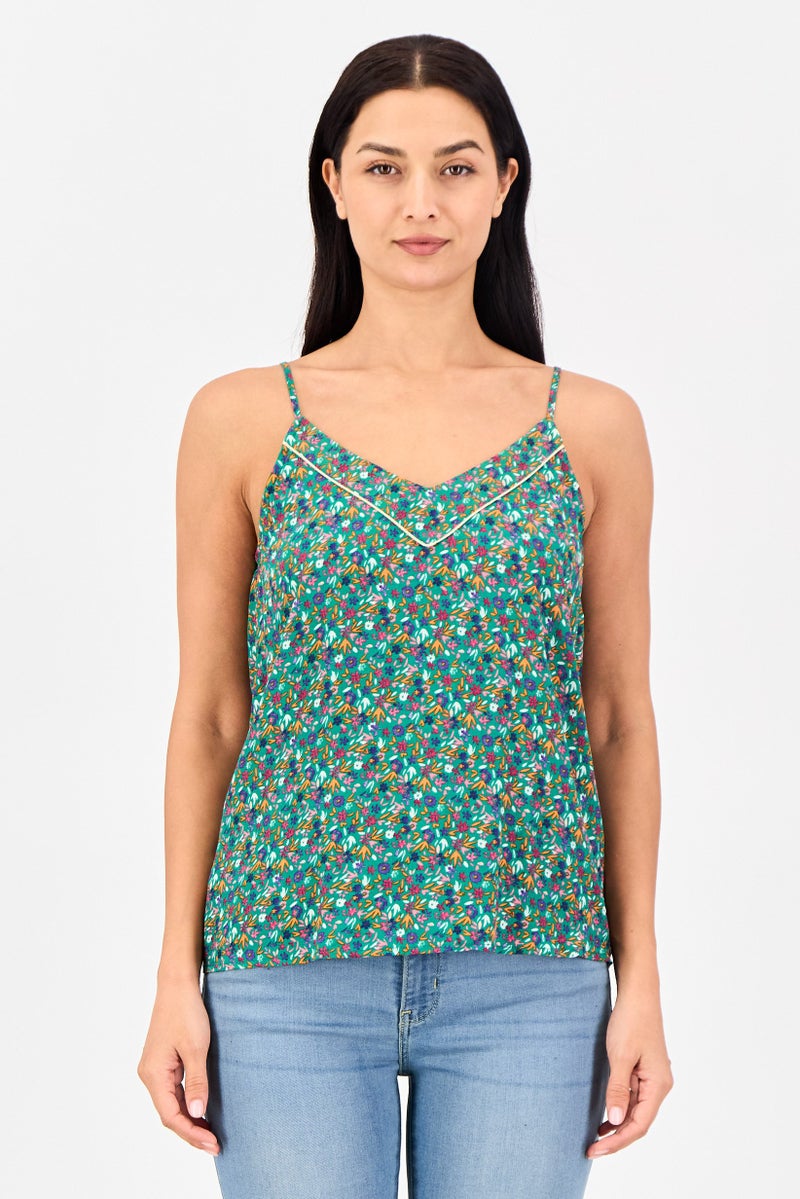 promod Women V-Neck Sleeveless Floral Print Tank Top, Multicolor - Image 1
