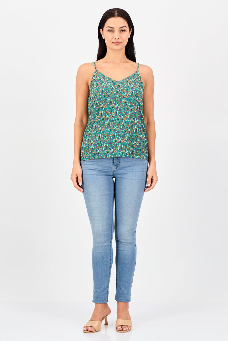 promod Women V-Neck Sleeveless Floral Print Tank Top, Multicolor - Image 3