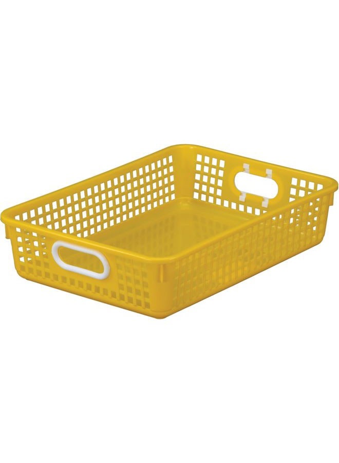 Really Good Stuff Plastic Desktop Paper Storage Baskets for Classroom or Home Use – 14”x10” Plastic Mesh Baskets Keep Papers Crease-Free and Secure – Yellow Basket With White Handles (1 Basket) - Image 1