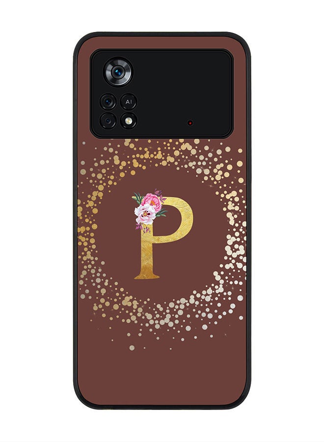 Stylizedd Rugged Black edge case for Poco M4 Pro 4G Slim fit Soft Case Flexible Rubber Edges Anti Drop TPU Gel Thin Cover - Custom Monogram Initial Letter Floral Pattern Alphabet - P (Brown ) - Image 1