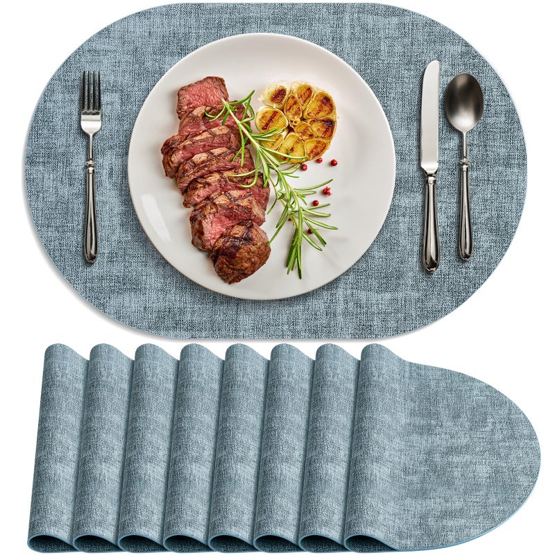 BARTHKIT Placemats for Dining Table Set of 8 Non-Slip, Heat Resistant Oval Leather Placemat Double Layer, Waterproof Table Mats Easy to Clean for Kitchen Dining Room Coffee Office Table, Light Blue - Image 1