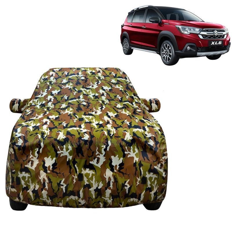 Vyas غطاء سيارة VYAS 100% مقاوم للماء لجسم سيارة ماروتي سوزوكي Xl6 (2019-2022) مع جيب للمرايا حزام مزدوج الخياطة وقفل تثبيت مزدوج مرن، مادة متينة بتصميم تمويه مطبوع في الغابة - Image 1