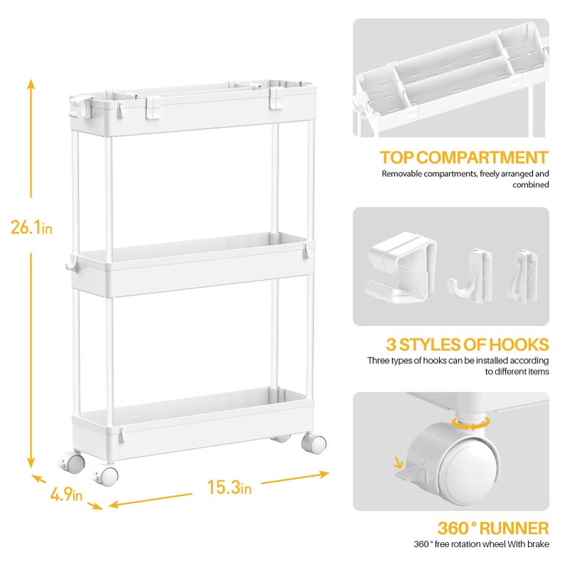 SPACELEAD Slim Storage Cart 3 Tier,Bathroom Organizer Rolling Utility, Mobile Shelving Unit Slide Out for Office, Kitchen, Laundry Room & Narrow Places,White - Image 4