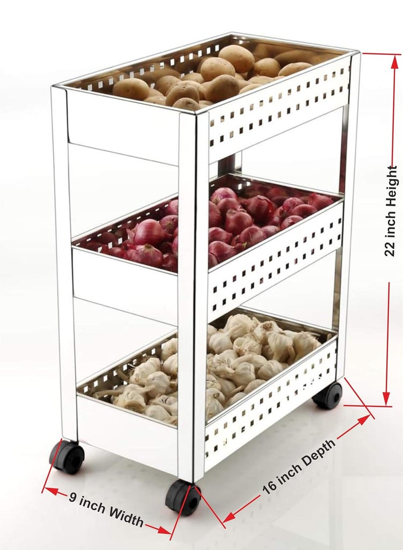 Keepwell Stainless Steel 3Tier MultiFunction Vegetable TrolleyFruit BasketOnion Potato StandKitchen StandKitchen RackStorage Trolley for Home Kitchen - Image 2