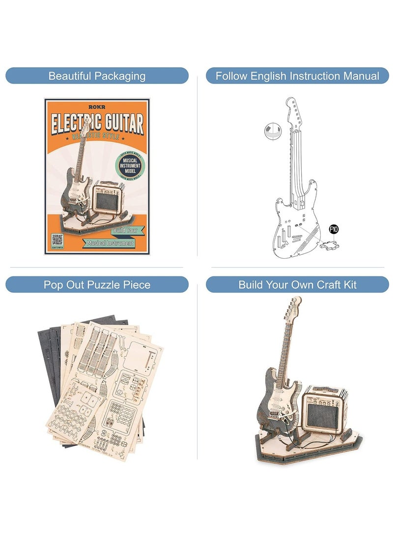 Robotime ROKR Electric Guitar Model 3D Wooden Puzzle DIY music box TG605K,Assembly Brain Teaser 3D Wooden Puzzle DIY Build Model Crafts Kits, Unique Gifts and Home Decor for Teens or Adults  - Image 3