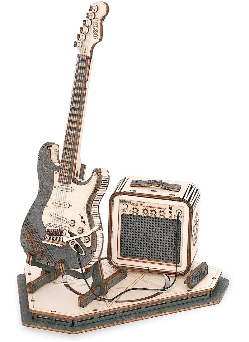 Robotime ROKR Electric Guitar Model 3D Wooden Puzzle DIY music box TG605K,Assembly Brain Teaser 3D Wooden Puzzle DIY Build Model Crafts Kits, Unique Gifts and Home Decor for Teens or Adults  - Image 1