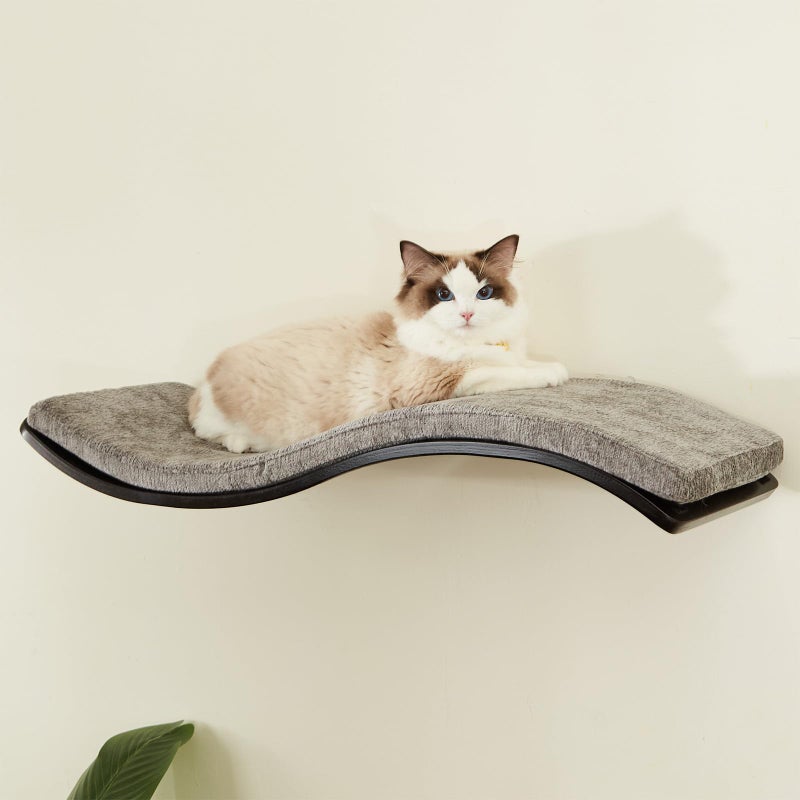 LIORCE Cat Shelf with Comfortable Cushion Wave Modern Cat Bed Minimalistic Floating Wall Perch Wooden Wall Mounted Cats Furniture for Sleeping Playing Climbing and Lounging Walnut