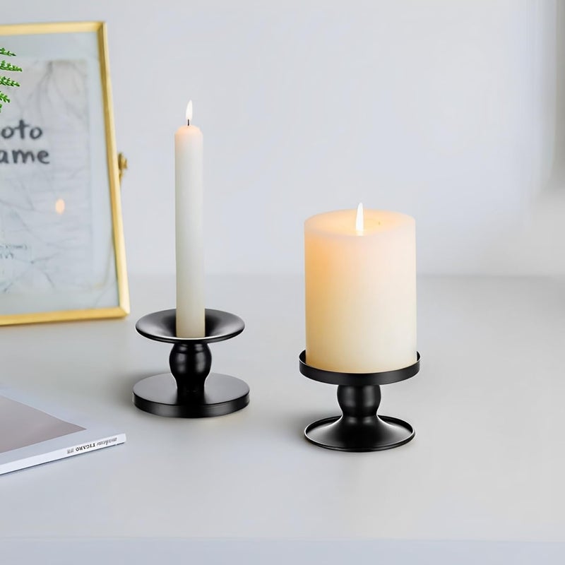 Auerllcy Table Gold Candle Holders â€“ Set of 2 | Reversible Metal Candle Stand for Pillar & Taper Candles | Stylish Tabletop Candle Tray for Home DÃ©cor, Weddings & Special Occasions (Black) - Image 4