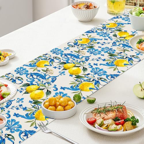 Kreyfer Blue Lemon Table Runner 13 x 72 Inch – Mediterranean Summer Table Decor for Kitchen Dining, Rustic Farmhouse Table Linen for Spring Party, Italian Style Fruit Table Cloth for Home and Outdoor - Image 4