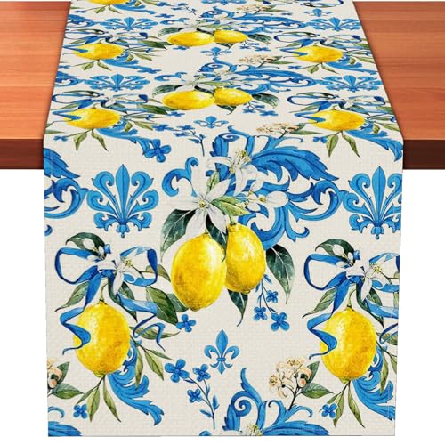 Kreyfer Blue Lemon Table Runner 13 x 72 Inch – Mediterranean Summer Table Decor for Kitchen Dining, Rustic Farmhouse Table Linen for Spring Party, Italian Style Fruit Table Cloth for Home and Outdoor - Image 1