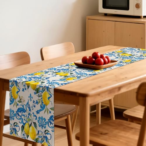Kreyfer Blue Lemon Table Runner 13 x 72 Inch – Mediterranean Summer Table Decor for Kitchen Dining, Rustic Farmhouse Table Linen for Spring Party, Italian Style Fruit Table Cloth for Home and Outdoor - Image 3