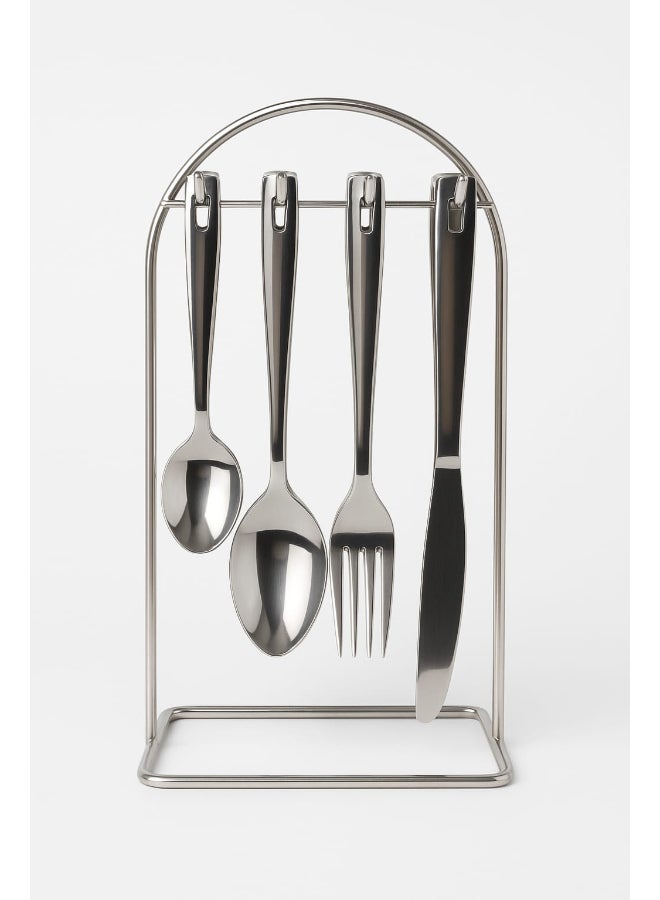 ايست من نون طقم أدوات مائدة من الفولاذ المقاوم للصدأ، ٢٤ قطعة، مع حامل فولاذي، لـ ٦ أشخاص، طقم أدوات مائدة فضية مع سكين، شوكة، ملعقة طعام، وملعقة حلوى. أدوات مائدة أنيقة للاستخدام اليومي، بلمسة نهائية عاكسة. آمنة للاستخدام في غسالة الأطباق - Image 1