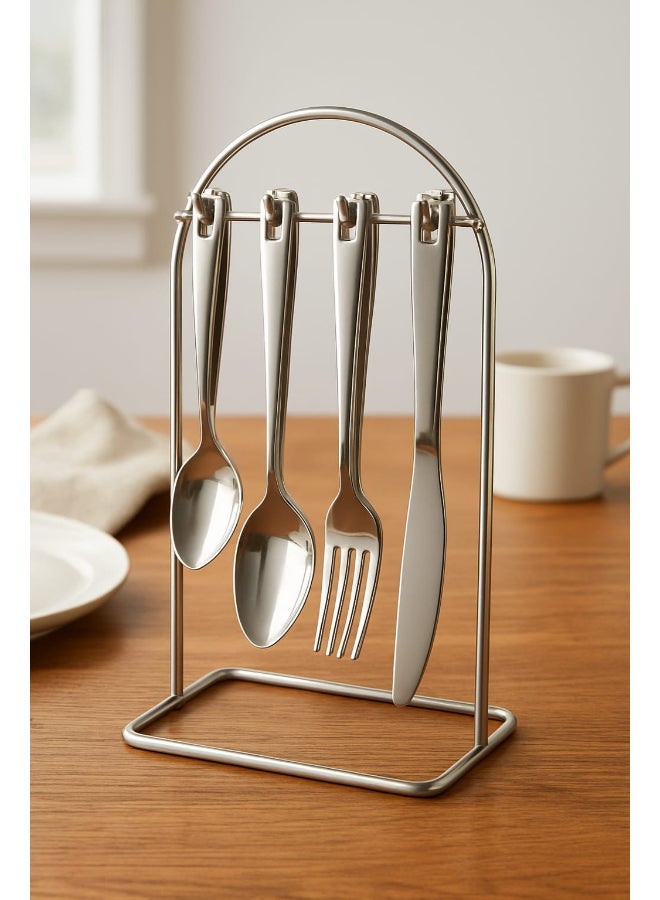 ايست من نون طقم أدوات مائدة من الفولاذ المقاوم للصدأ، ٢٤ قطعة، مع حامل فولاذي، لـ ٦ أشخاص، طقم أدوات مائدة فضية مع سكين، شوكة، ملعقة طعام، وملعقة حلوى. أدوات مائدة أنيقة للاستخدام اليومي، بلمسة نهائية عاكسة. آمنة للاستخدام في غسالة الأطباق - Image 2