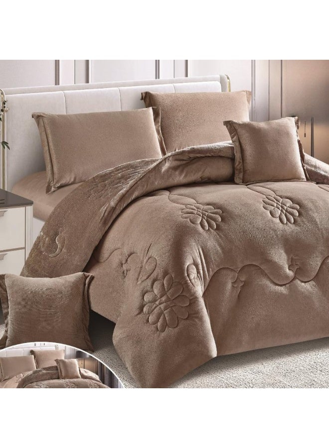 سمارت هوم مفرش سرير شتوي نفرين وجهين (وجه مخمل ووجه فرو) - مفرش بحشوة – طقم لحاف 6 قطع فاخر مزدوج كامل يشمل مفرش بحشوة 250×230 سم + واقي مرتبة مطاط 200×200+30 سم + 2 كيس مخدة 50×75+5 سم + 2 كيس وسادة مربعة 45×45+5 سم – مفارش نوم أنيقة فندقية ناعمة ودافئة للغرفة - Image 2