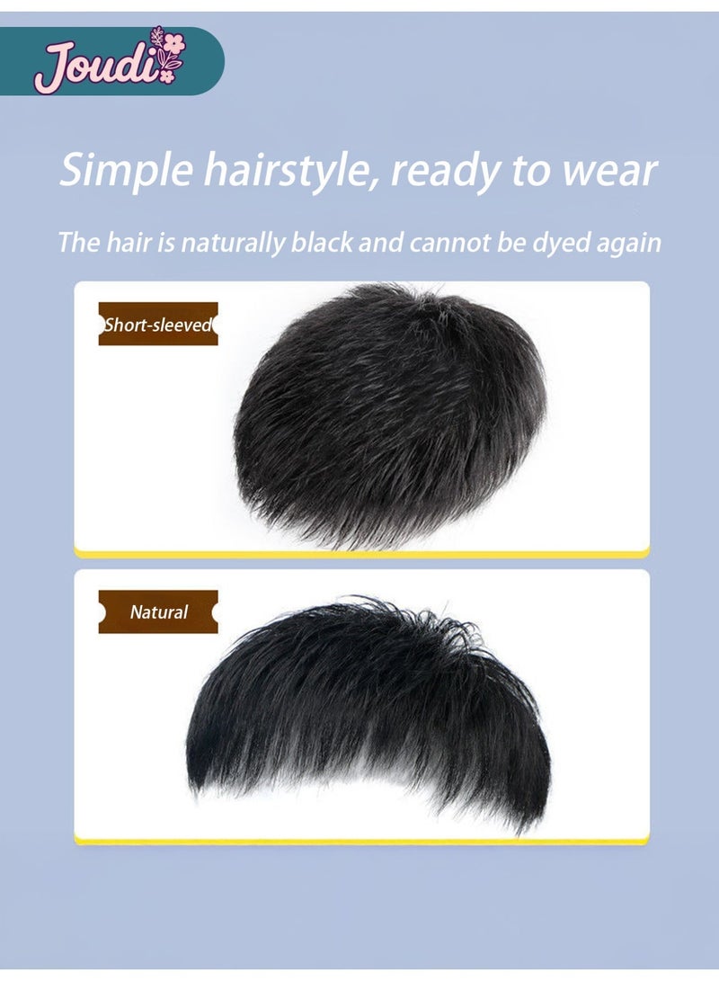 Joudi Nature Black Short Men Topper Wig 100% Real Human Hair Toupee Clip for Male Guy Daily Wear - Image 2