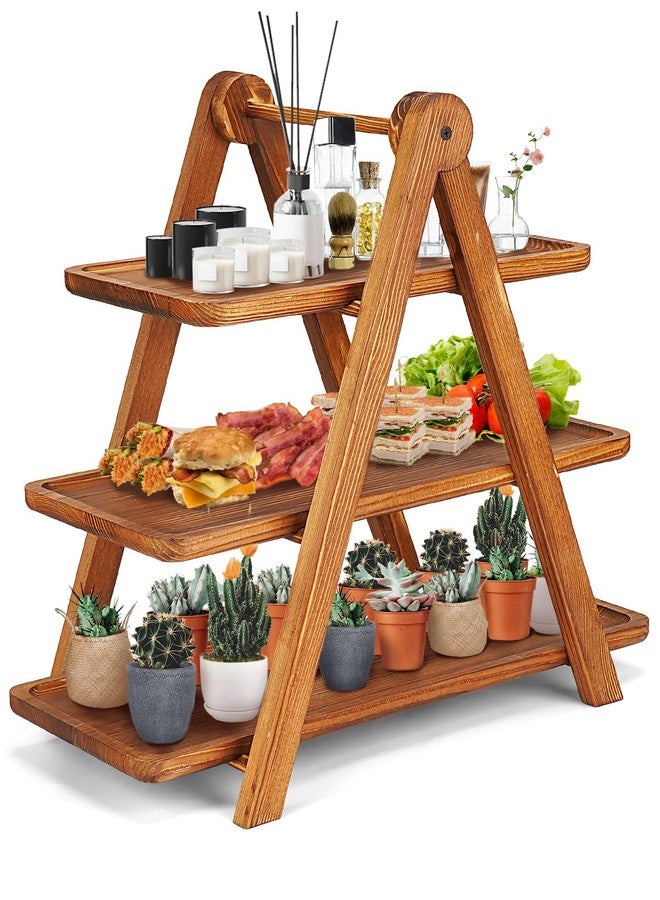 Manspdier Extra Large Wood 3 Tier Serving Tray Three Tiered Cupcake Stand, Rectangle Serving Platter Wooden Farmhouse Tiered Tray, Party Serving Brown Decorative Tray Decor - Image 1