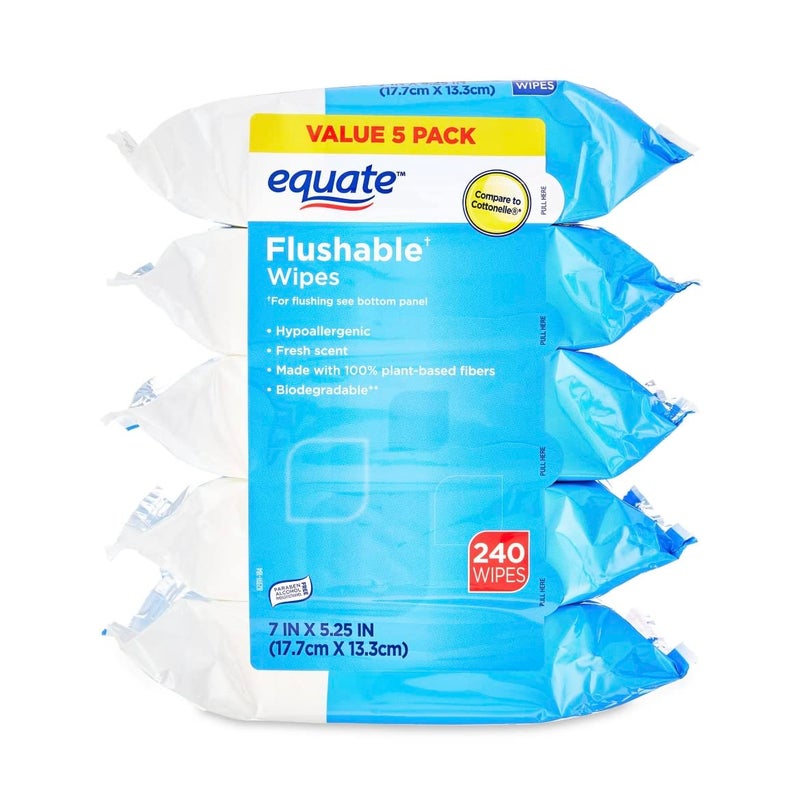 Equate Fresh Scent Flushable Wipes, 7" X 5.25", Count of 240, 5 Pack - Image 1