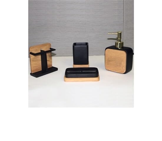 ONTRIP Water Proof MDF Wooden Printed Bathroom Accessory Set of 4 1 TowelTissue Tray 1 Soap Dish Holder 1 Liquid Soap Dispenser 1 TumblerToothbrush Holder Black - Image 2