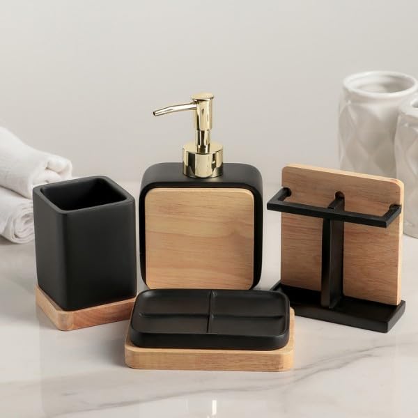 ONTRIP Water Proof MDF Wooden Printed Bathroom Accessory Set of 4 1 TowelTissue Tray 1 Soap Dish Holder 1 Liquid Soap Dispenser 1 TumblerToothbrush Holder Black - Image 3