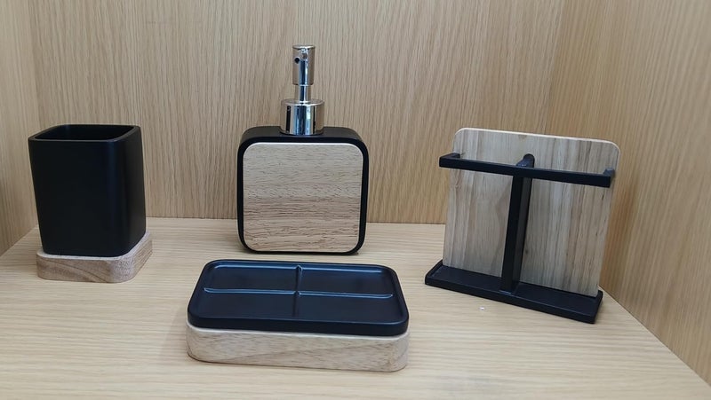 ONTRIP Water Proof MDF Wooden Printed Bathroom Accessory Set of 4 1 TowelTissue Tray 1 Soap Dish Holder 1 Liquid Soap Dispenser 1 TumblerToothbrush Holder Black - Image 1