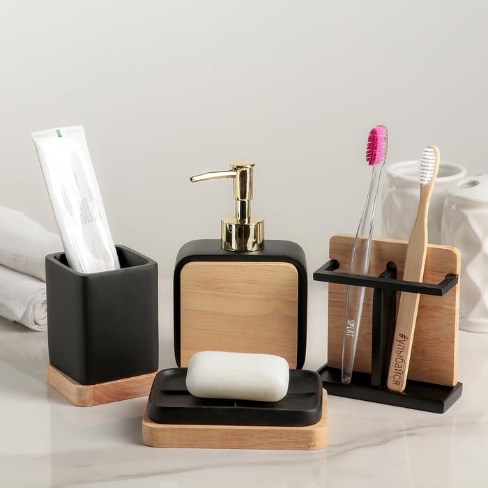 ONTRIP Water Proof MDF Wooden Printed Bathroom Accessory Set of 4 1 TowelTissue Tray 1 Soap Dish Holder 1 Liquid Soap Dispenser 1 TumblerToothbrush Holder Black - Image 5