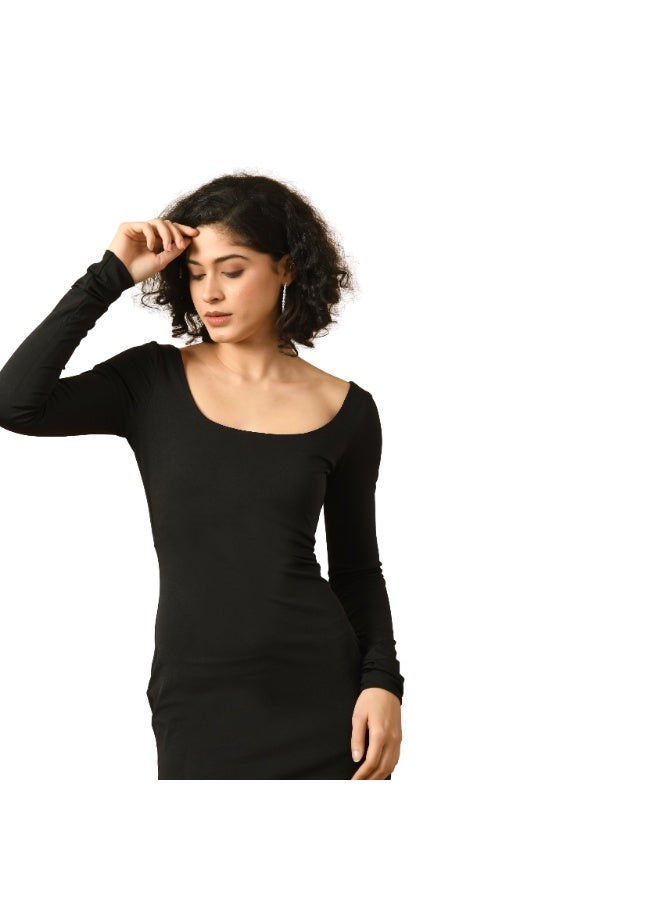 Uberoot Women’s Black Scoop Neck Long Sleeve Bodycon Dress | Stretchable Lycra Party Wear Midi Dress | Elegant Evening, Dinner & Club Outfit for Girls - Image 2